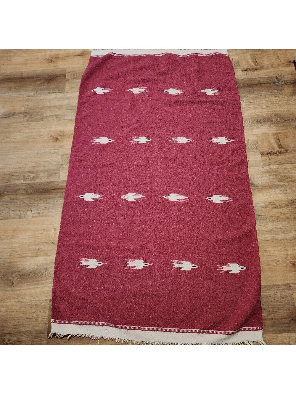 Vintage Mexican Thunderbird Blanket Pink Handwoven 75 x 42 Southwest Textile Rug
